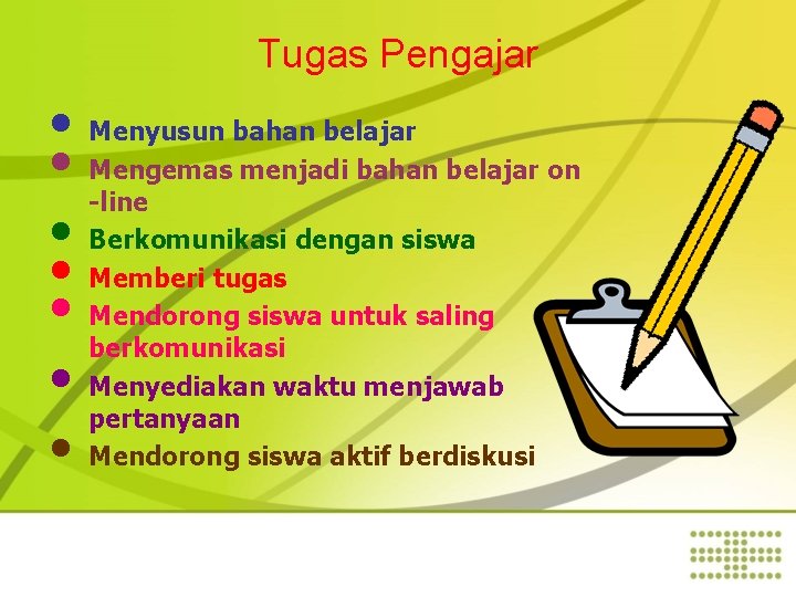 Tugas Pengajar • Menyusun bahan belajar • Mengemas menjadi bahan belajar on -line •