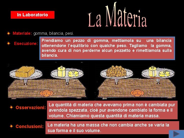 In Laboratorio Materiale: gomma, bilancia, pesi. Prendiamo un pezzo di gomma, mettiamola su una