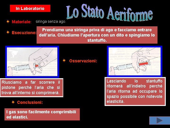 In Laboratorio Materiale: siringa senza ago. Esecuzione: Prendiamo una siringa priva di ago e