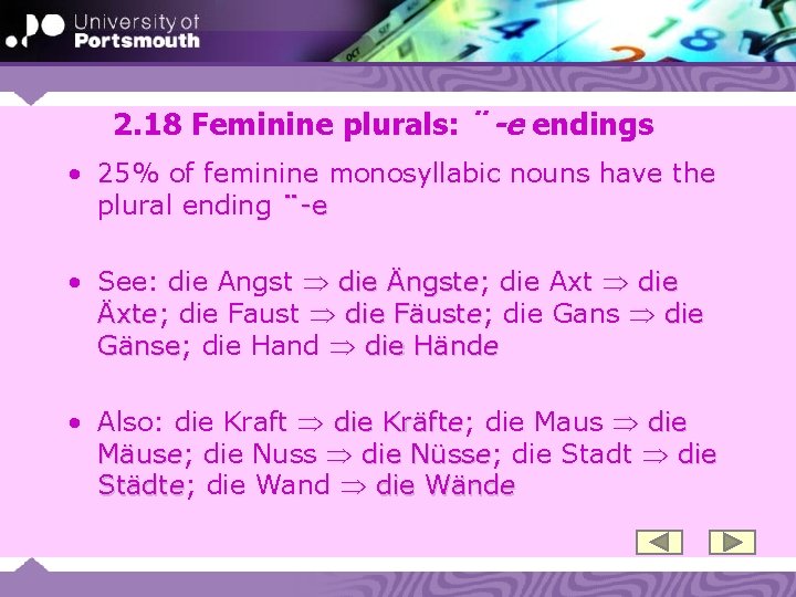 2. 18 Feminine plurals: ¨-e endings • 25% of feminine monosyllabic nouns have the