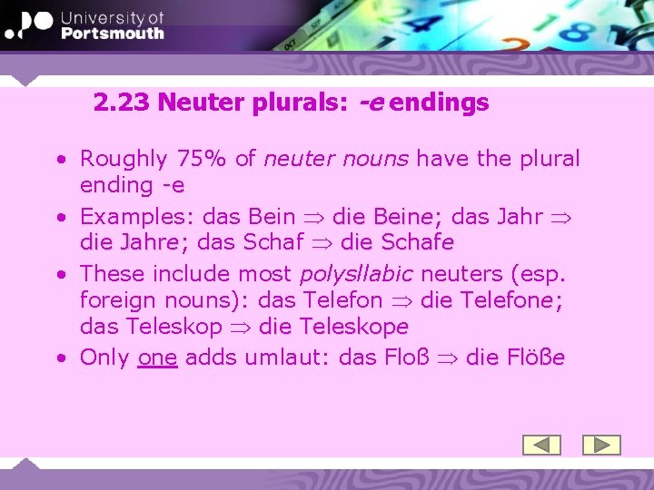 2. 23 Neuter plurals: -e endings • Roughly 75% of neuter nouns have the