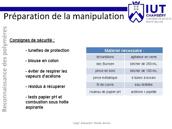 Reconnaissance des polymères Préparation de la manipulation Consignes de sécurité : - lunettes de