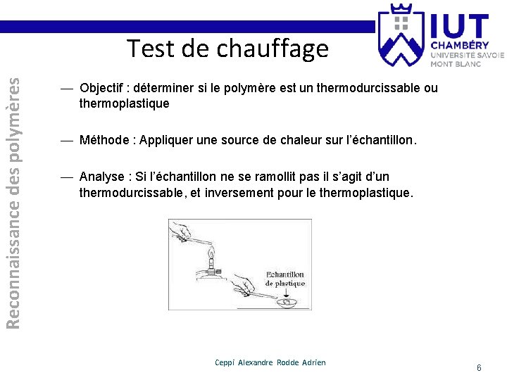 Reconnaissance des polymères Test de chauffage — Objectif : déterminer si le polymère est