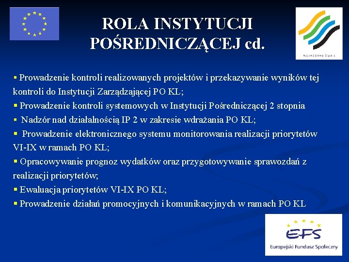 ROLA INSTYTUCJI POŚREDNICZĄCEJ cd. § Prowadzenie kontroli realizowanych projektów i przekazywanie wyników tej kontroli