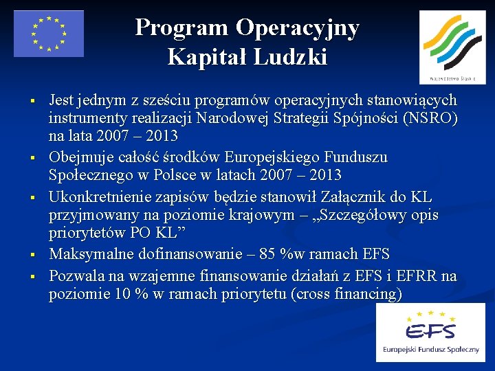 Program Operacyjny Kapitał Ludzki § § § Jest jednym z sześciu programów operacyjnych stanowiących