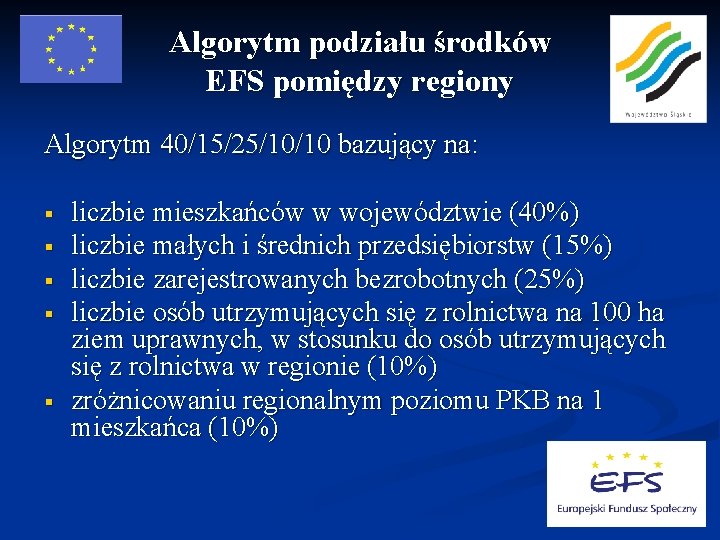 Algorytm podziału środków EFS pomiędzy regiony Algorytm 40/15/25/10/10 bazujący na: § § § liczbie