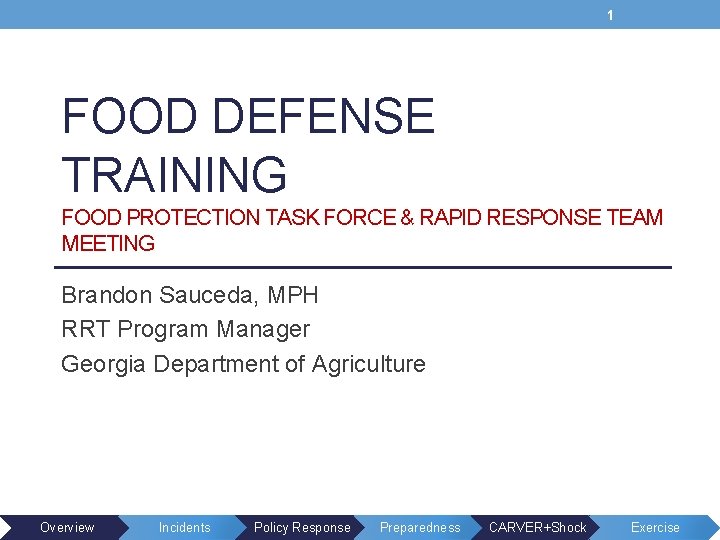 1 FOOD DEFENSE TRAINING FOOD PROTECTION TASK FORCE & RAPID RESPONSE TEAM MEETING Brandon