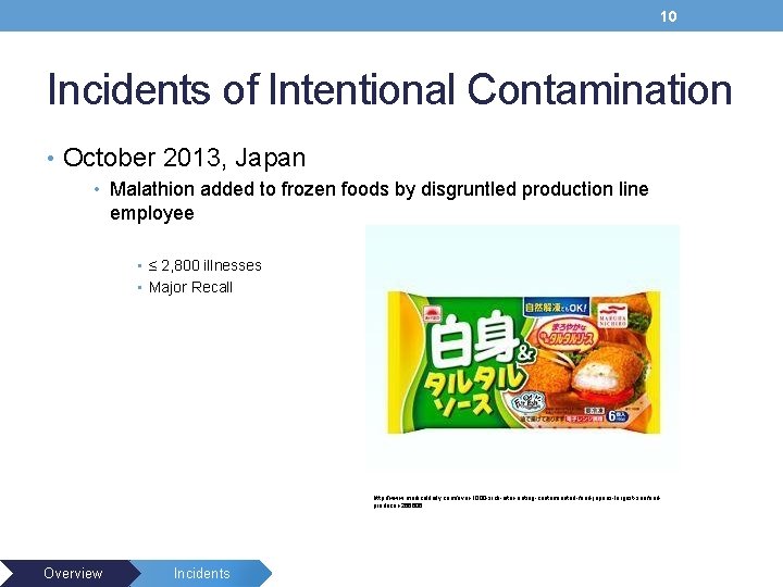 10 Incidents of Intentional Contamination • October 2013, Japan • Malathion added to frozen