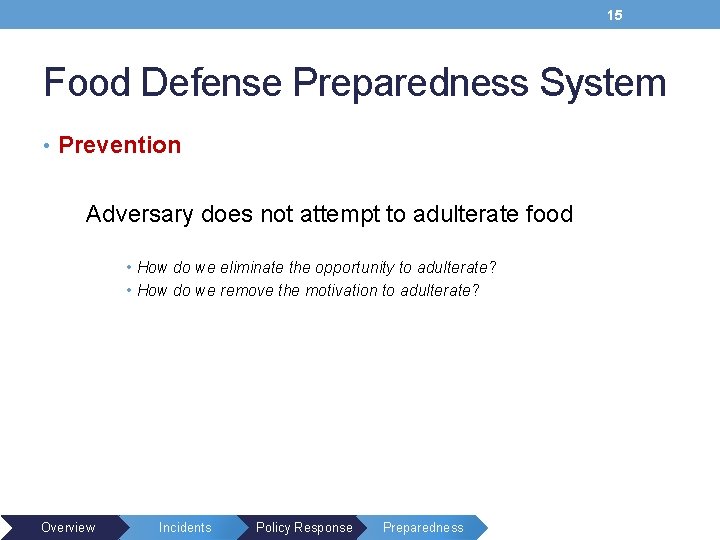 15 Food Defense Preparedness System • Prevention Adversary does not attempt to adulterate food