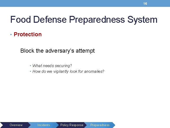 16 Food Defense Preparedness System • Protection Block the adversary’s attempt • What needs