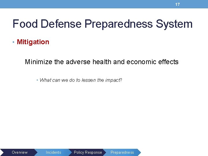 17 Food Defense Preparedness System • Mitigation Minimize the adverse health and economic effects