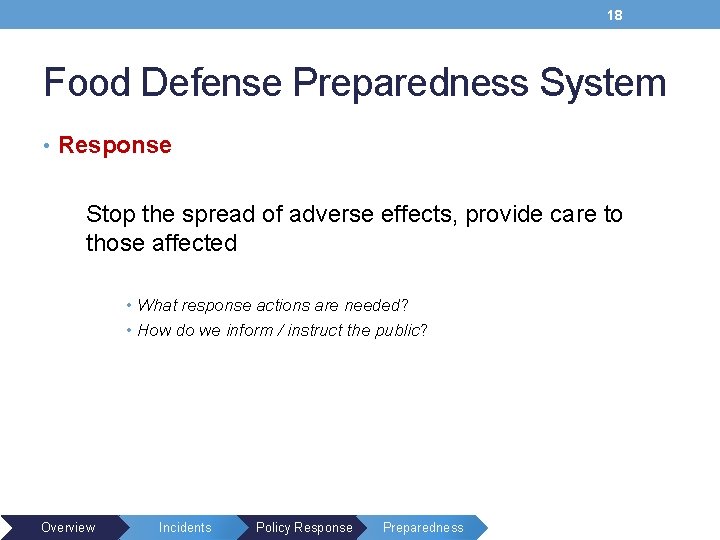 18 Food Defense Preparedness System • Response Stop the spread of adverse effects, provide