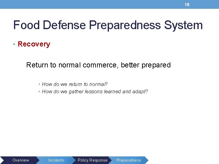 19 Food Defense Preparedness System • Recovery Return to normal commerce, better prepared •