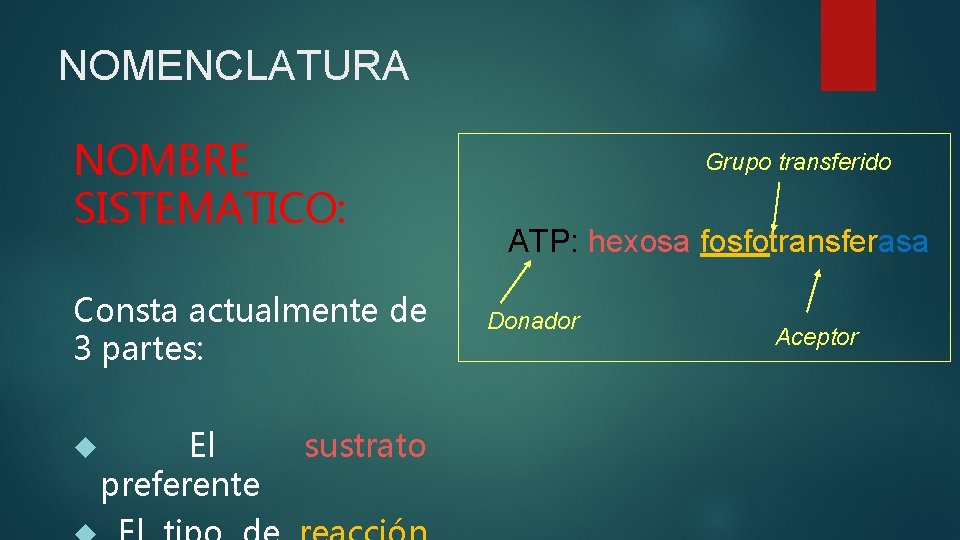 NOMENCLATURA NOMBRE SISTEMATICO: Consta actualmente de 3 partes: El preferente sustrato Grupo transferido ATP: NOMENCLATURA NOMBRE SISTEMATICO: Consta actualmente de 3 partes: El preferente sustrato Grupo transferido ATP: