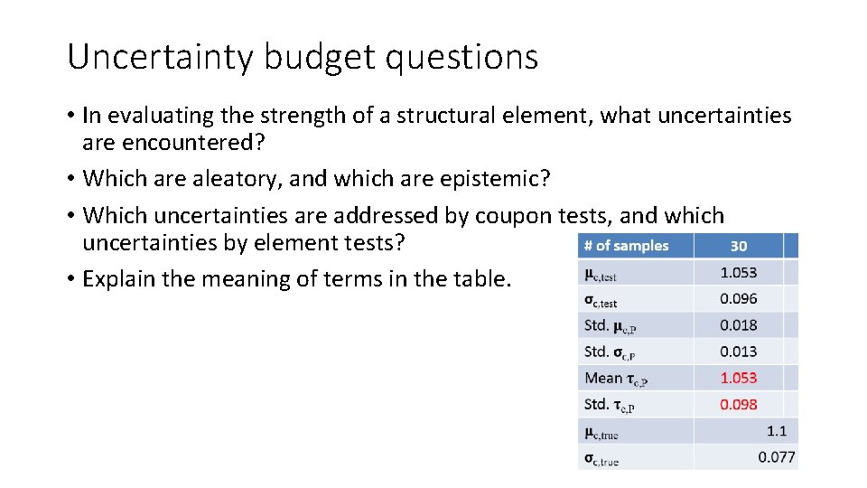 Uncertainty budget questions • In evaluating the strength of a structural element, what uncertainties