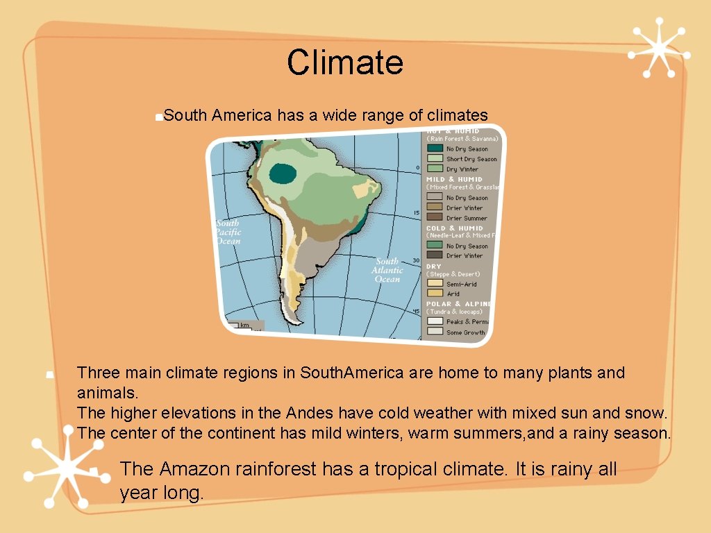 Climate South America has a wide range of climates Three main climate regions in