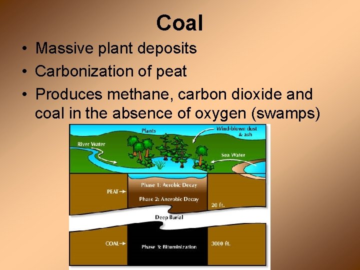 Coal • Massive plant deposits • Carbonization of peat • Produces methane, carbon dioxide