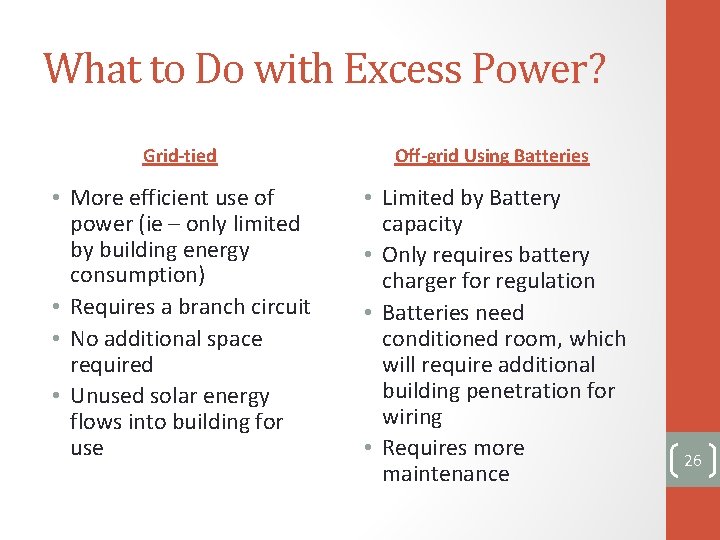 What to Do with Excess Power? Grid-tied Off-grid Using Batteries • More efficient use