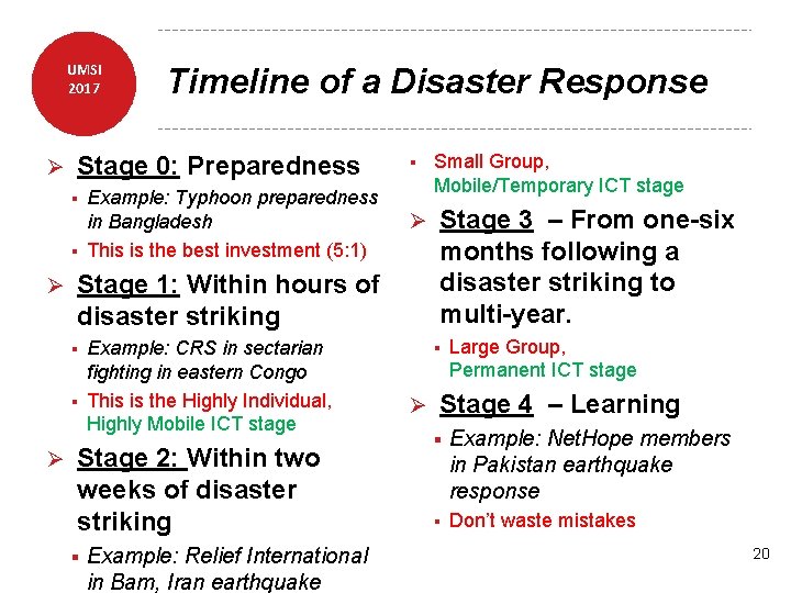 UMSI 2017 Ø Timeline of a Disaster Response Stage 0: Preparedness Example: Typhoon preparedness