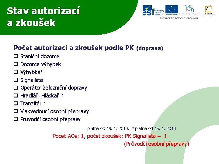 Stav autorizací a zkoušek Počet autorizací a zkoušek podle PK (doprava) q q q
