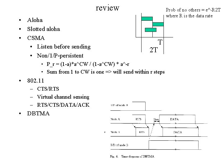 review • Aloha • Slotted aloha • CSMA • Listen before sending • Non/1/P-persistent