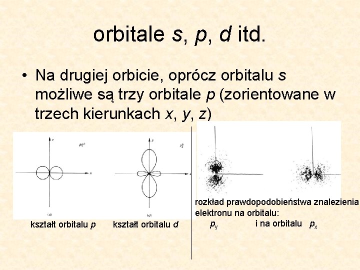 orbitale s, p, d itd. • Na drugiej orbicie, oprócz orbitalu s możliwe są