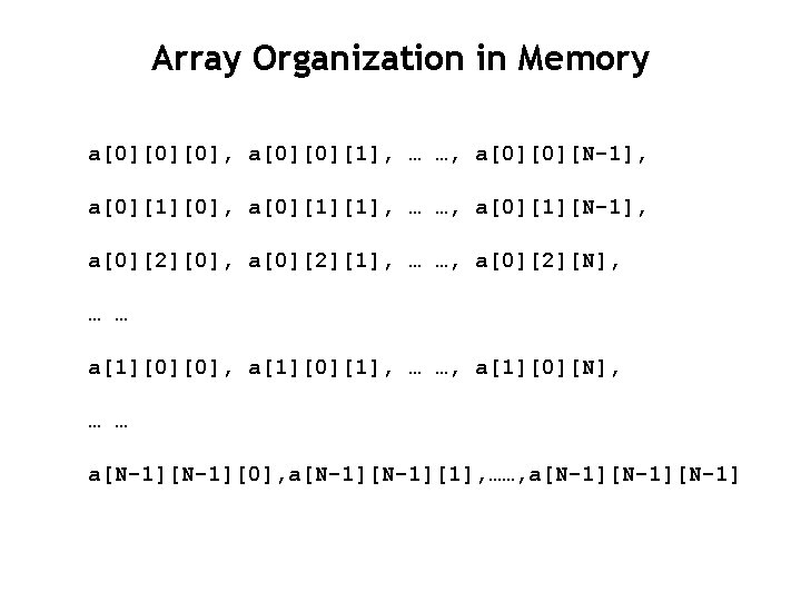 Array Organization in Memory a[0][0][0], a[0][0][1], … …, a[0][0][N-1], a[0][1][0], a[0][1][1], … …, a[0][1][N-1],