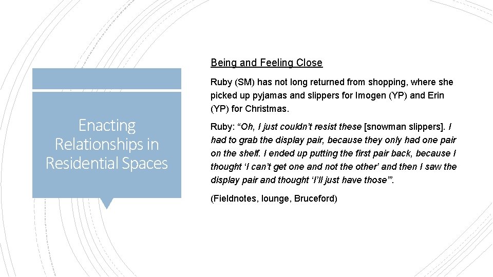 Being and Feeling Close Enacting Relationships in Residential Spaces Ruby (SM) has not long Being and Feeling Close Enacting Relationships in Residential Spaces Ruby (SM) has not long