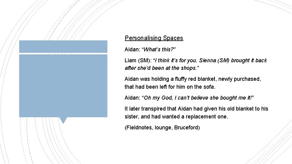 Personalising Spaces Aidan: “What’s this? ” Liam (SM): “I think it’s for you. Sienna Personalising Spaces Aidan: “What’s this? ” Liam (SM): “I think it’s for you. Sienna