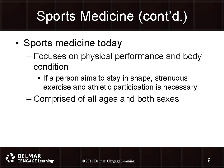 Sports Medicine (cont’d. ) • Sports medicine today – Focuses on physical performance and