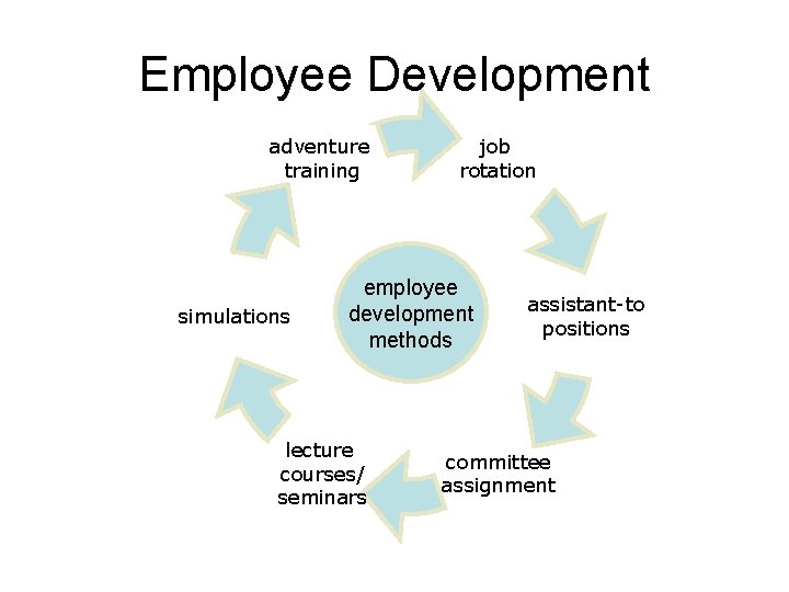 Employee Development adventure training simulations job rotation employee development methods lecture courses/ seminars assistant-to
