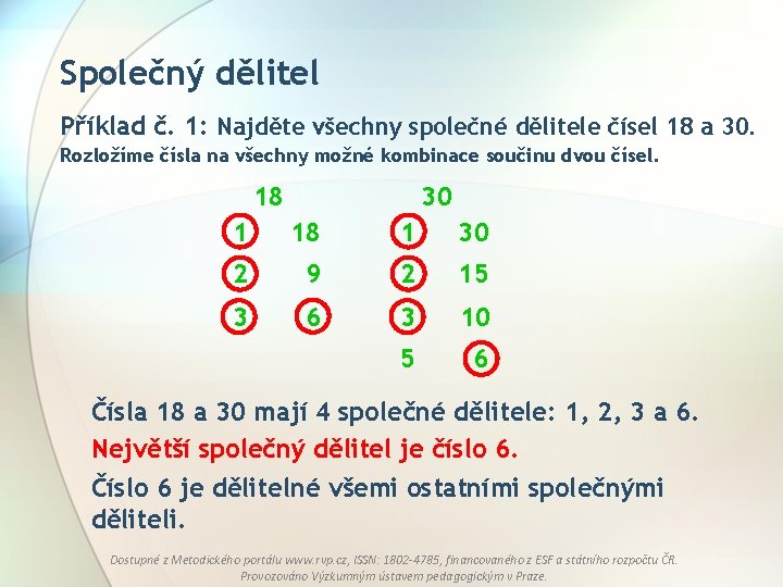 Společný dělitel Příklad č. 1: Najděte všechny společné dělitele čísel 18 a 30. Rozložíme