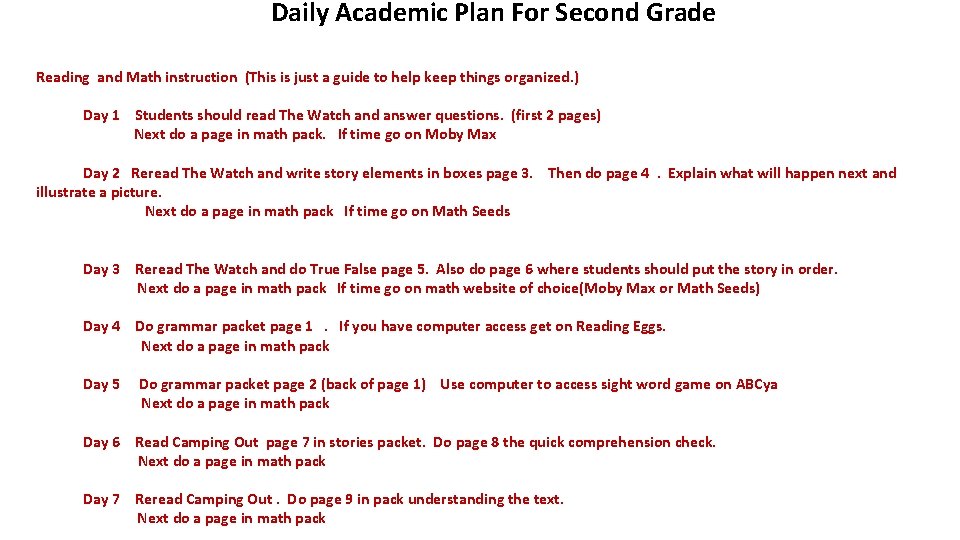Daily Academic Plan For Second Grade Reading and Math instruction (This is just a