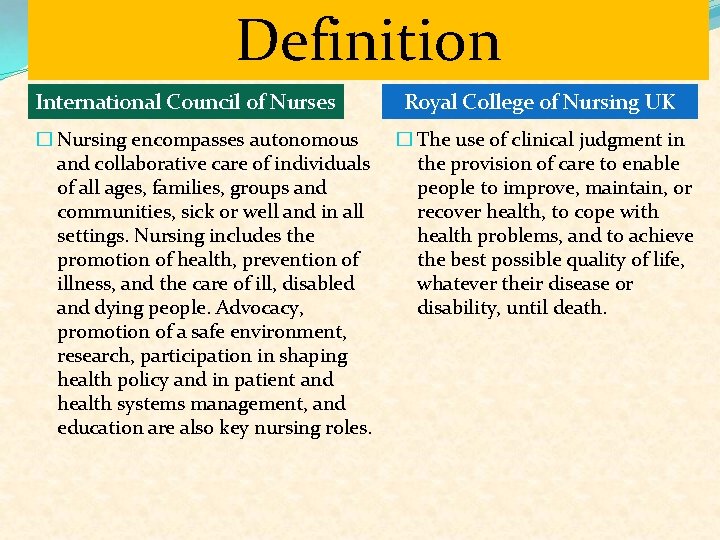 Definition International Council of Nurses � Nursing encompasses autonomous and collaborative care of individuals