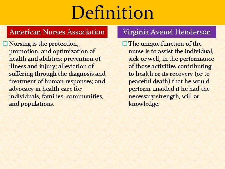 Definition American Nurses Association � Nursing is the protection, promotion, and optimization of health