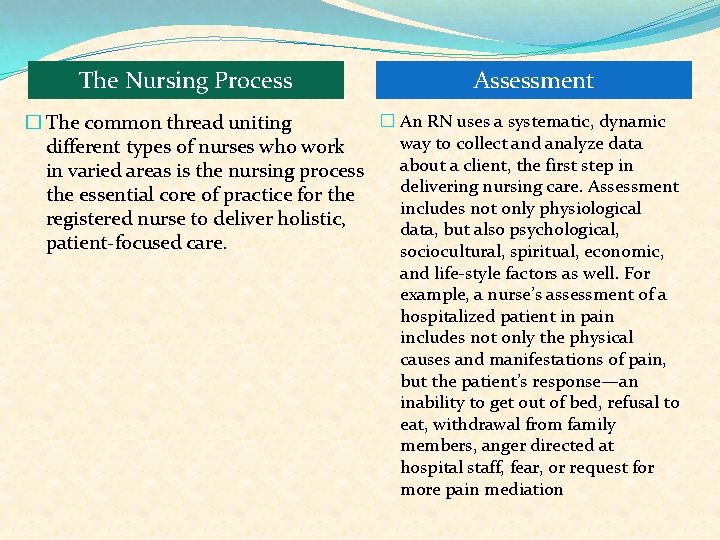 The Nursing Process Assessment � An RN uses a systematic, dynamic � The common