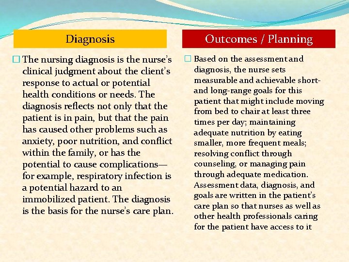 Diagnosis � The nursing diagnosis is the nurse’s clinical judgment about the client’s response