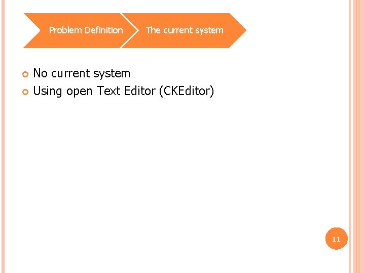 Problem Definition The current system No current system Using open Text Editor (CKEditor) 11