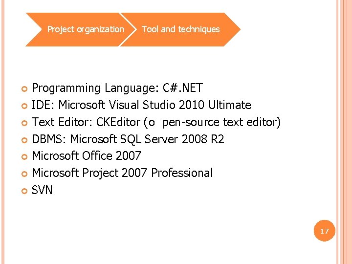 Project organization Tool and techniques Programming Language: C#. NET IDE: Microsoft Visual Studio 2010