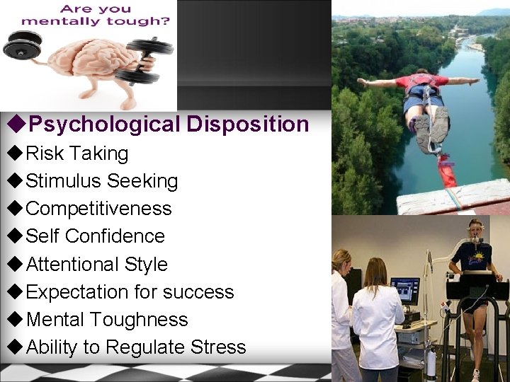 ◆Psychological Disposition ◆Risk Taking ◆Stimulus Seeking ◆Competitiveness ◆Self Confidence ◆Attentional Style ◆Expectation for success