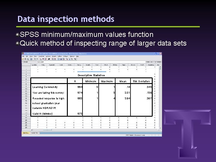 Data inspection methods SPSS minimum/maximum values function Quick method of inspecting range of larger
