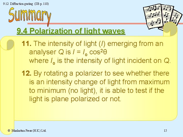 9. 12 Diffraction grating (SB p. 110) 9. 4 Polarization of light waves 11.