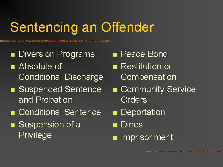 Sentencing an Offender n n n Diversion Programs Absolute of Conditional Discharge Suspended Sentence