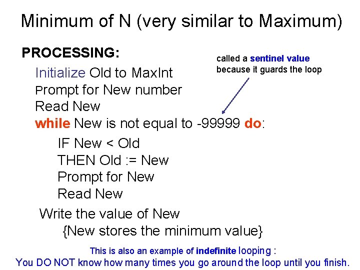 Minimum of N (very similar to Maximum) PROCESSING: called a sentinel value because it