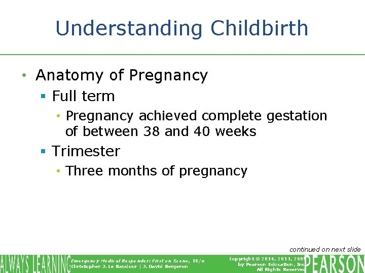 Understanding Childbirth • Anatomy of Pregnancy § Full term • Pregnancy achieved complete gestation