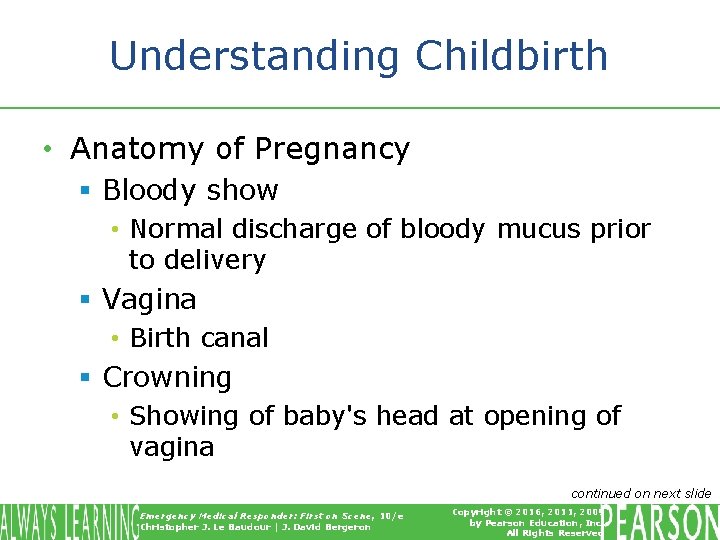 Understanding Childbirth • Anatomy of Pregnancy § Bloody show • Normal discharge of bloody