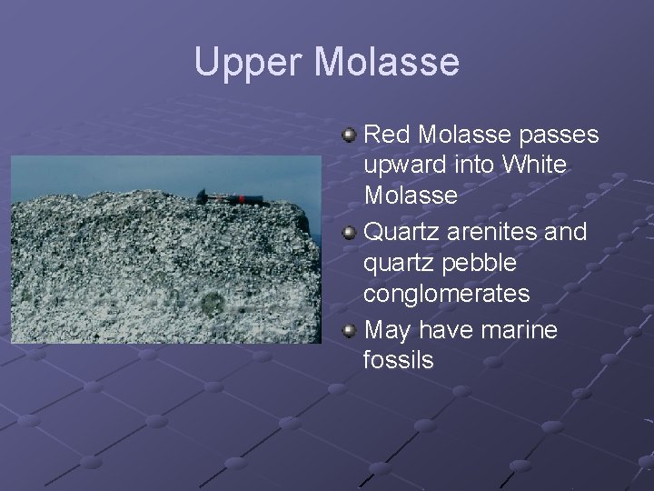 Upper Molasse Red Molasse passes upward into White Molasse Quartz arenites and quartz pebble