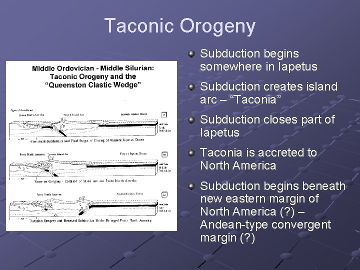 Taconic Orogeny Subduction begins somewhere in Iapetus Subduction creates island arc – “Taconia” Subduction