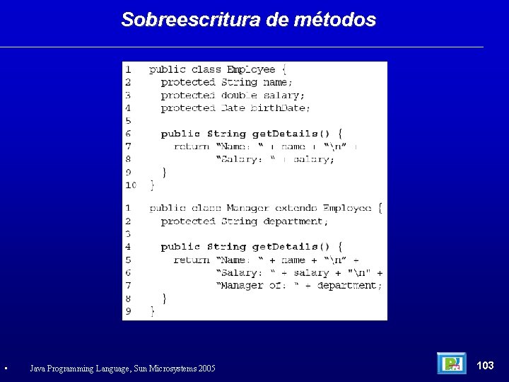 Sobreescritura de métodos • Java Programming Language, Sun Microsystems 2005 103 