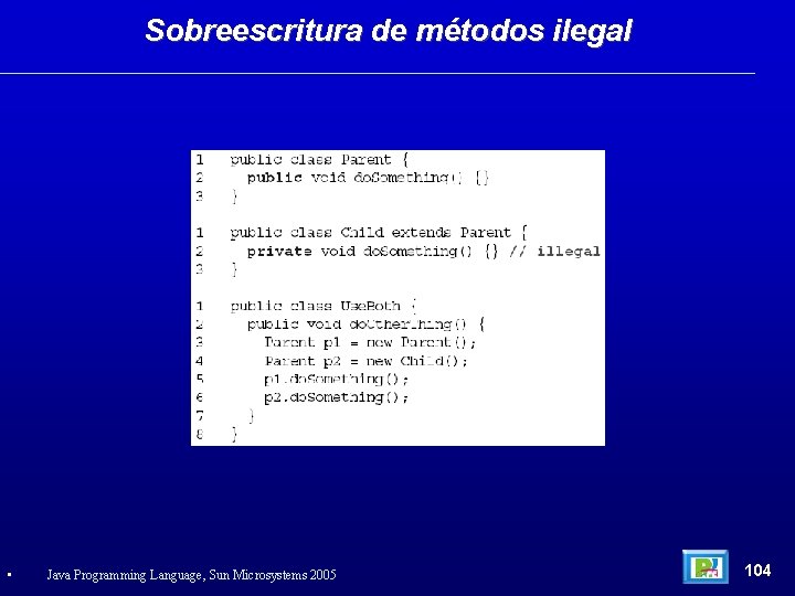 Sobreescritura de métodos ilegal • Java Programming Language, Sun Microsystems 2005 104 